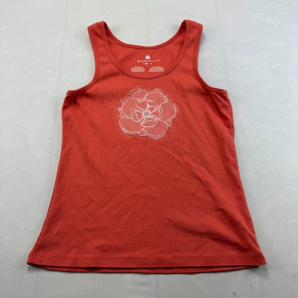 Greensource Tank Top Women Medium Red Organic Cotton Flower Rhinestones Pullover